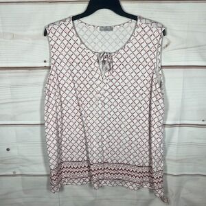 Dahlia Top Womens 2X Red Geometric Tank Sleeveless Blouse Knit Tie Neck Pullover